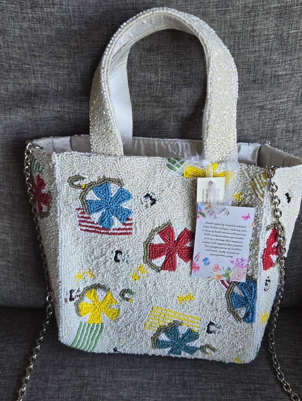 Beach Umbrella Beaded White Tote Bag